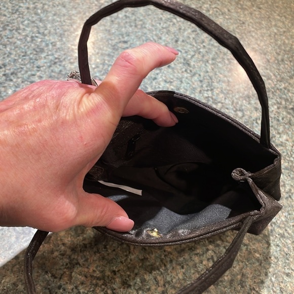 Black micro purse with floral embroidery on front Double handle and snap closure - Picture 5 of 7